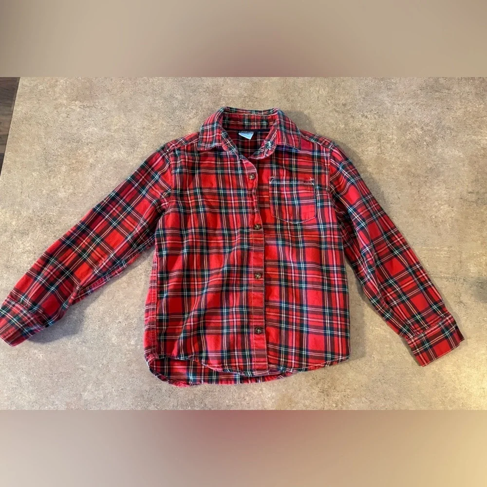 Festive Red & Black Toddler Plaid Button Down Shirt, Size 5 Boys